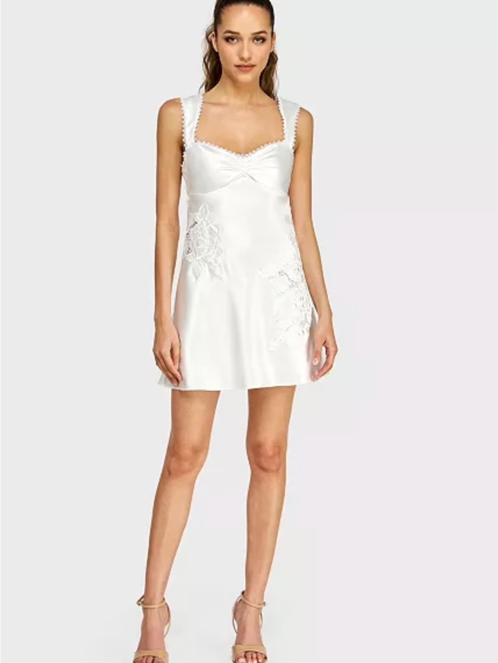 Alex and Sophie White Satin Embroidered Sleeveless Mini Dress